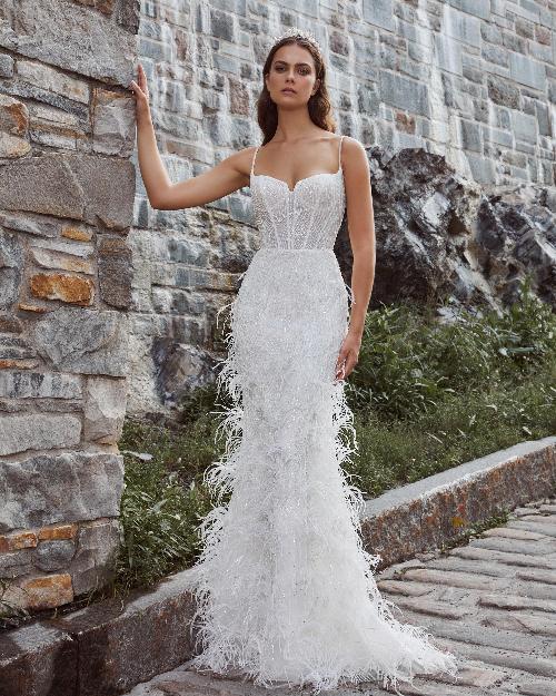 124125 fitted sparkly wedding dress with feathers and spaghetti straps1